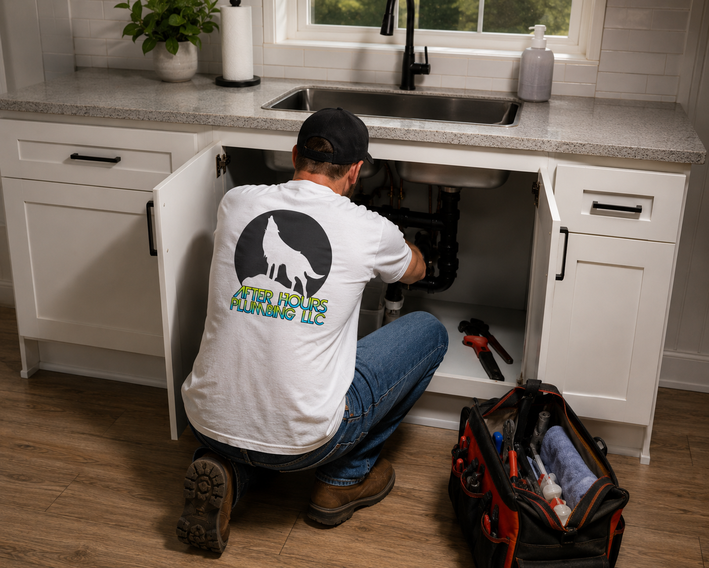 After Hours Plumbing plumber repairing a kitchen sink