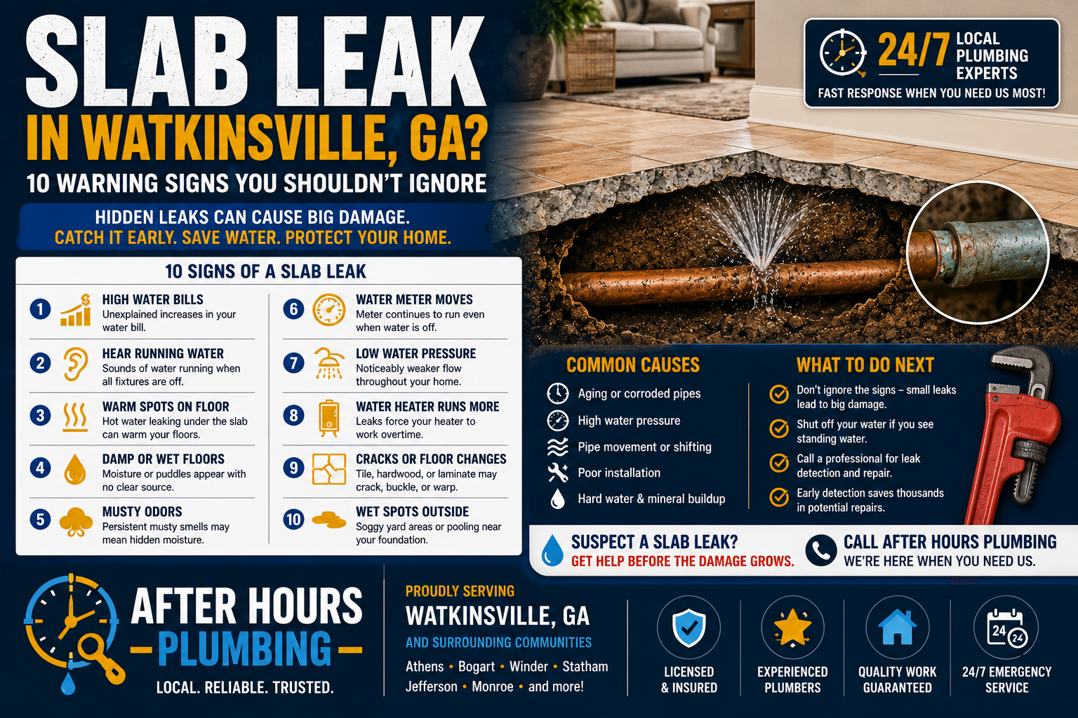 10 Signs of a Slab Leak in Watkinsville, GA — How to Find a Hidden Leak Before It Causes Major Damage